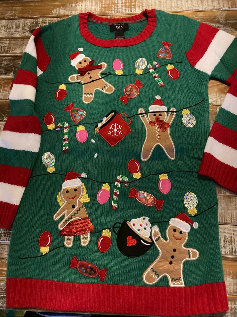 It's Our Time Green Christmas Gingerbread Sweater Top with Red & White Stripes